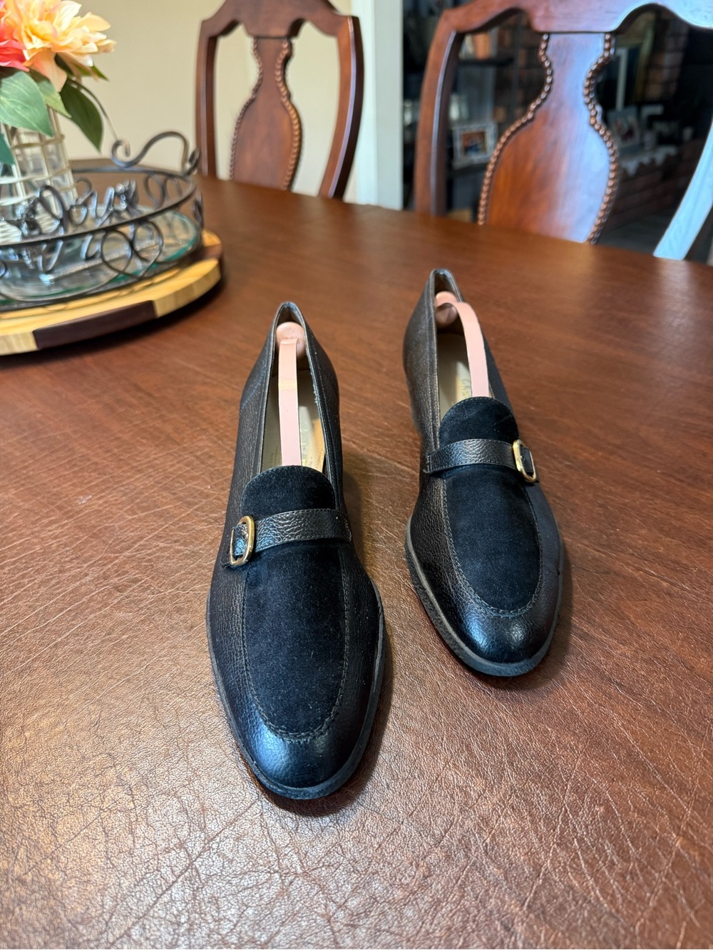 Salvador Ferragamo, black leather and velvet block healed loafers size 9 1/2
